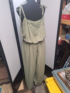 Tie-Shoulder Olive Green Jumpsuit with Lace Detail